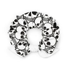 Load image into Gallery viewer, Covered In Skulls Recycled Scrunchie: Embrace Sustainable Style with a Spooky Twist! 🌸🖤
