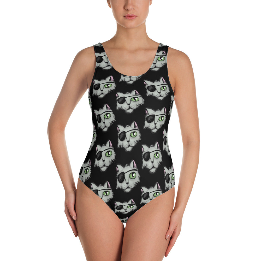 Black Goth Pirate Cat One-Piece Swimsuit – Dark Whimsical Art